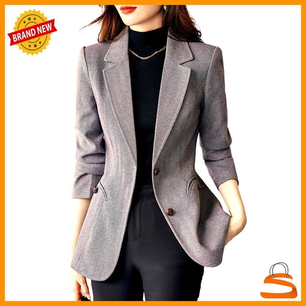 Notched Lapel Plaid Herringbone Blazer Slim Fit Wool Blend Classic Chic